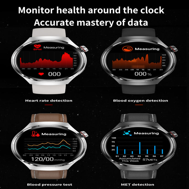 Elegant GT4 Pro Herre Smartwatch, rundt AMOLED display, sort med IP68-beskyttelse, ideel til stilbevidste teknologi-entusiaster.
