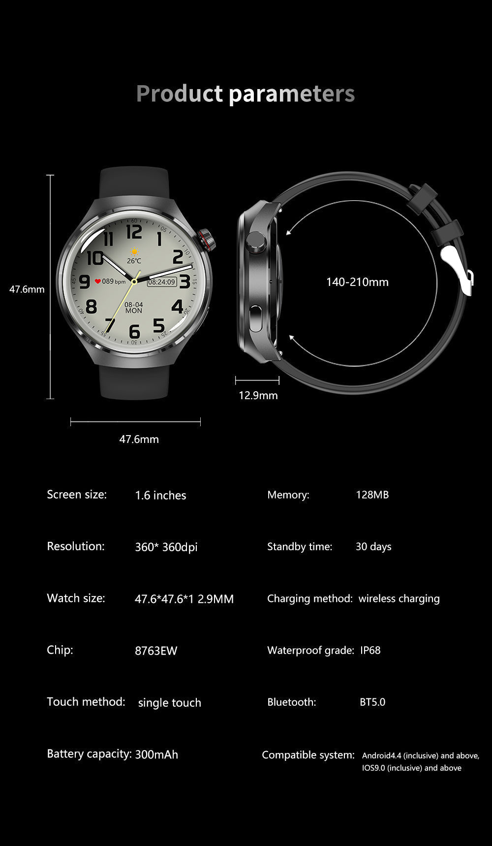 Elegant GT4 Pro Herre Smartwatch, rundt AMOLED display, sort med IP68-beskyttelse, ideel til stilbevidste teknologi-entusiaster.