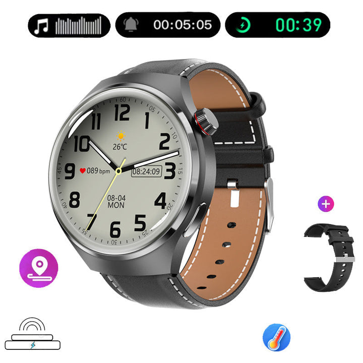 Elegant GT4 Pro Herre Smartwatch, rundt AMOLED display, sort med IP68-beskyttelse, ideel til stilbevidste teknologi-entusiaster.