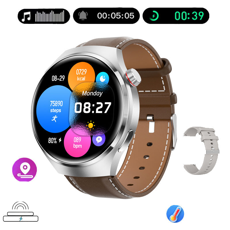 Elegant GT4 Pro Herre Smartwatch, rundt AMOLED display, sort med IP68-beskyttelse, ideel til stilbevidste teknologi-entusiaster.