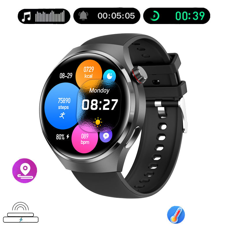 Elegant GT4 Pro Herre Smartwatch, rundt AMOLED display, sort med IP68-beskyttelse, ideel til stilbevidste teknologi-entusiaster.