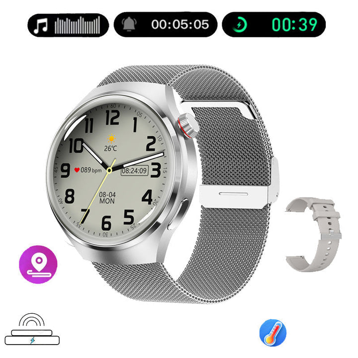Elegant GT4 Pro Herre Smartwatch, rundt AMOLED display, sort med IP68-beskyttelse, ideel til stilbevidste teknologi-entusiaster.