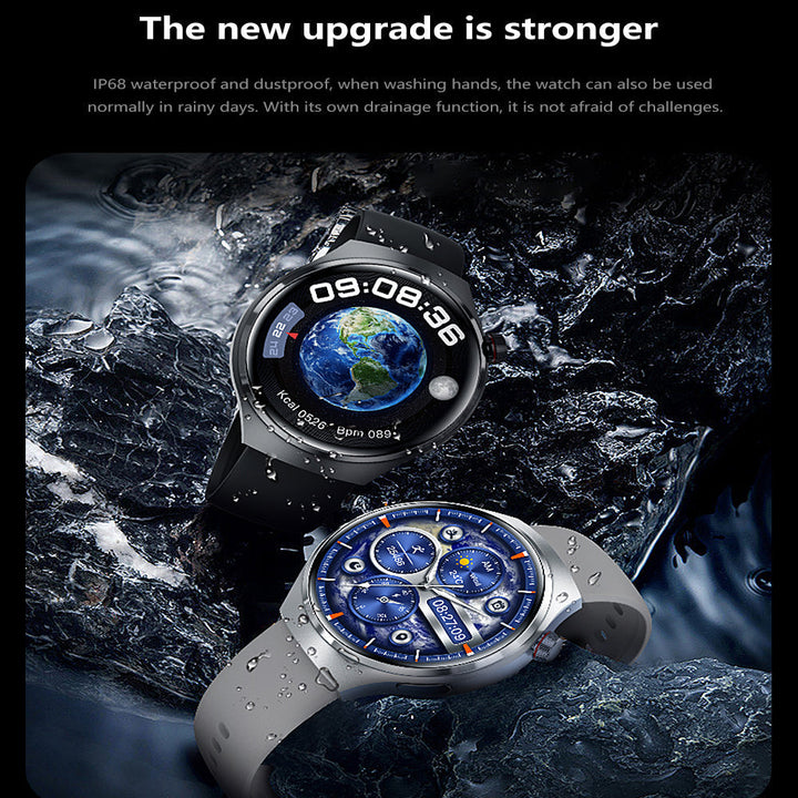 "Edle GT4 Pro Smartwatch für Herren, rundes AMOLED Display, schwarz mit IP68-Schutz, ideal für stilbewusste Technikliebhaber.