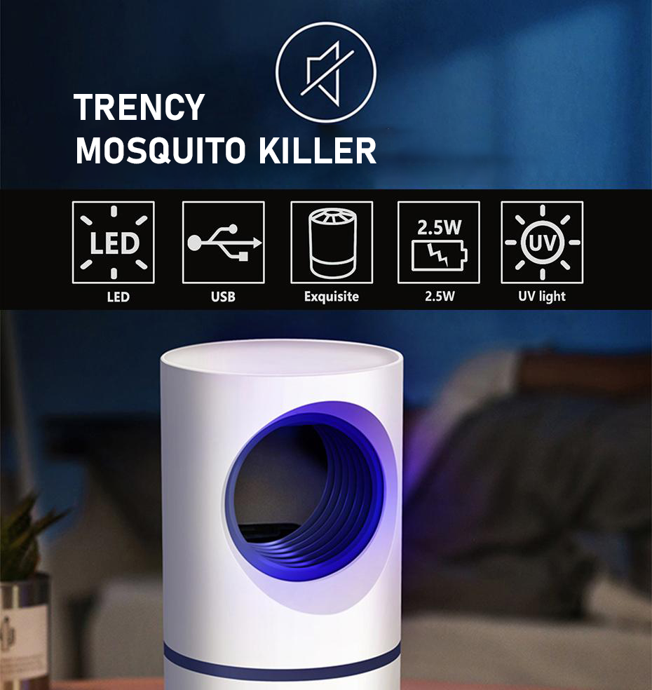 Effektiv myggedræberlampe med 365nm lys, stille drift, stilfuldt design, tiltrækker myg og insekter udendørs.