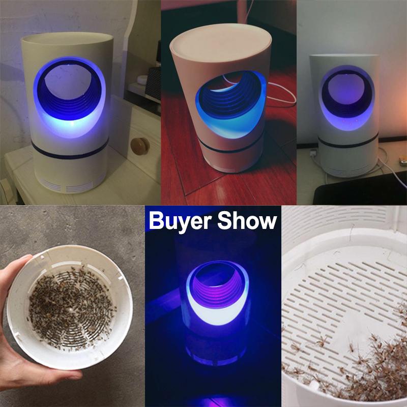 Effektiv myggedræberlampe med 365nm lys, stille drift, stilfuldt design, tiltrækker myg og insekter udendørs.