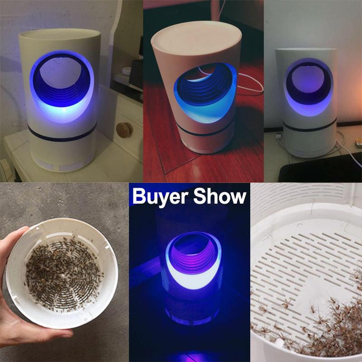 Effektiv myggedræberlampe med 365nm lys, stille drift, stilfuldt design, tiltrækker myg og insekter udendørs.