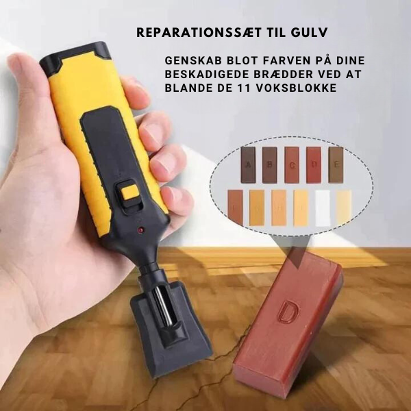 Gør-det-selv gulvreparation med specialkit til træ, laminat og fliser. Fjern ridser og skader.