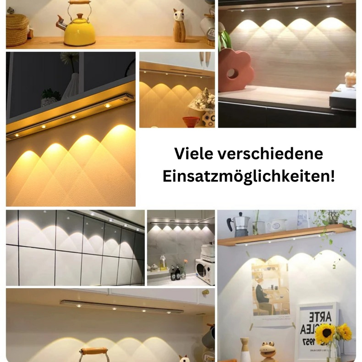 Effektiv underskabslampe med bevægelsessensor, dæmpbar, i slankt design, ideel til køkkener, stuer og garager.