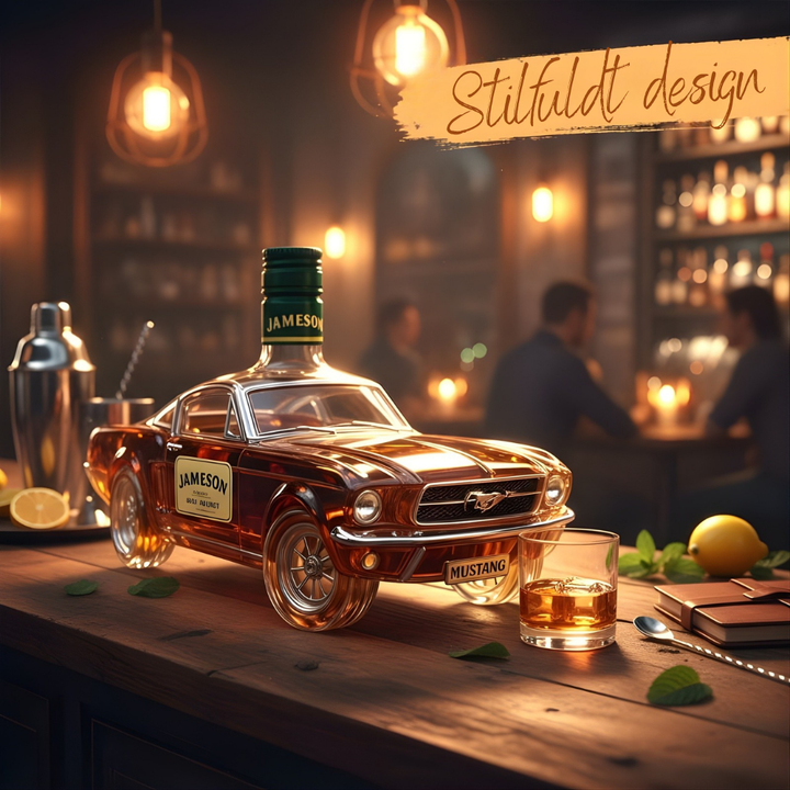 Eksklusiv Mustang whisky karaffel i glas. Unik bil design dekanter til spiritus og barudstyr.