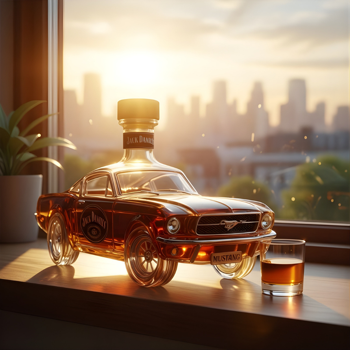 Premium barudstyr: Mustang whisky karaffel. Glas dekanter med unikt bil design, perfekt til spiritus.