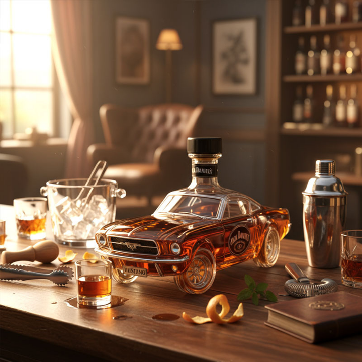 Elegant spiritus dekanter i glas. En Mustang bil karaffel, ideel til at servere whisky med stil.