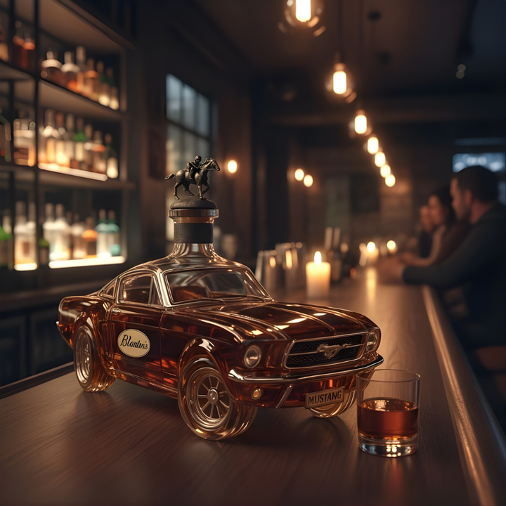 Unik Mustang bilformet whisky karaffel. Eksklusiv glas dekanter, perfekt til at opbevare og servere spiritus.