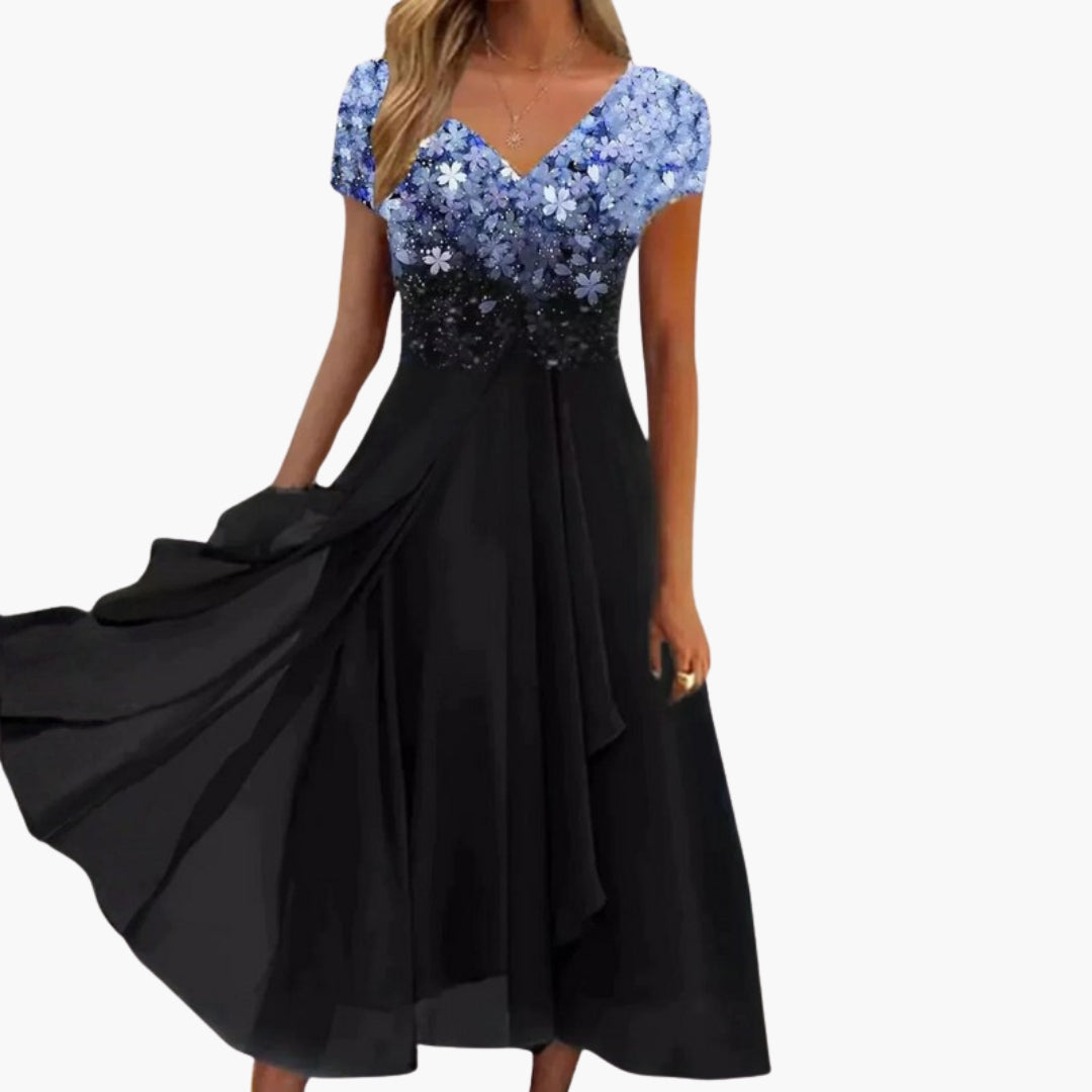Elegant aftenkjole til kvinder med smukke blomster, dyb V-hals og et flydende snit, perfekt til fest.