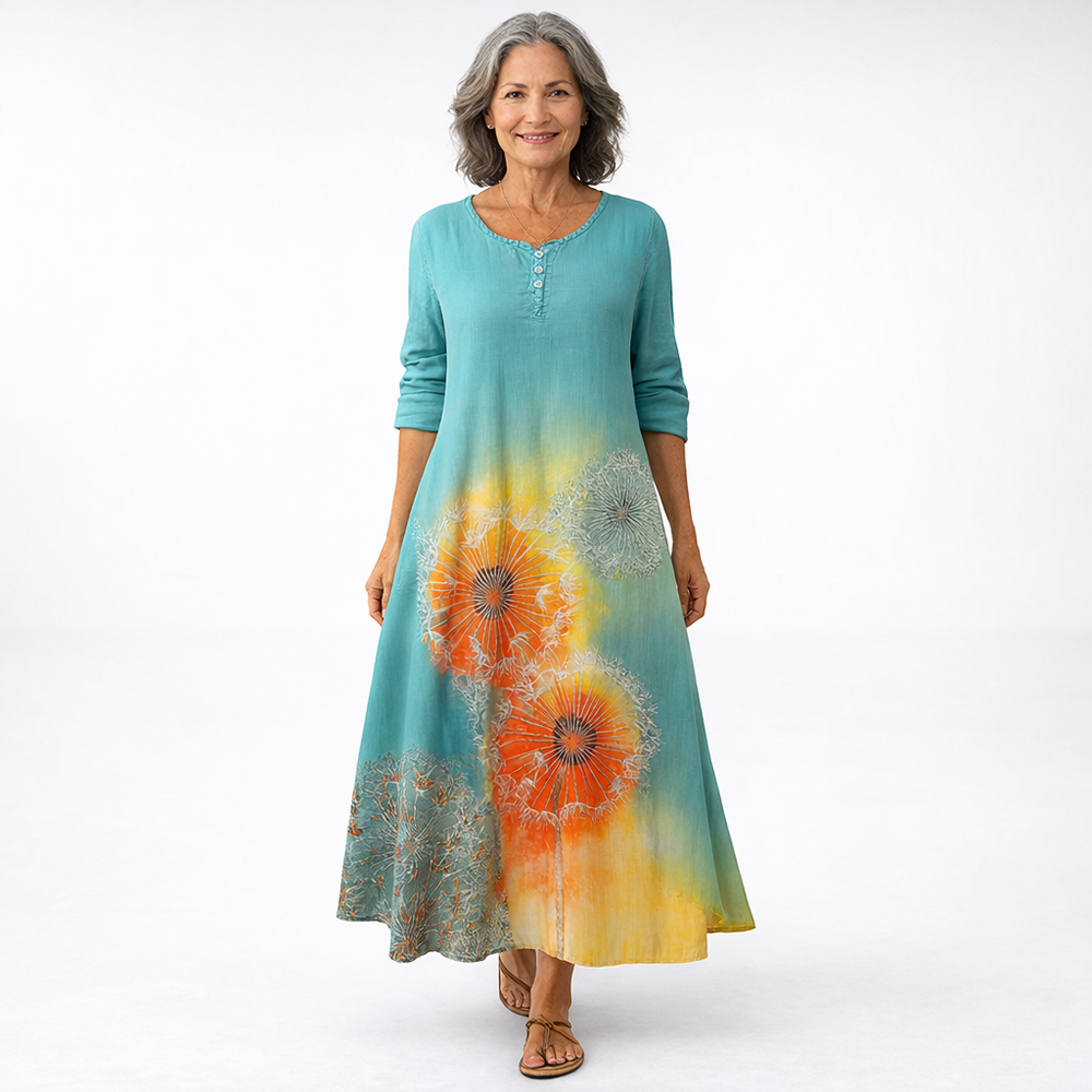 Smuk blomstret maxi kjole til dame. Bæredygtig og elegant sommerkjole perfekt til fest eller forår.