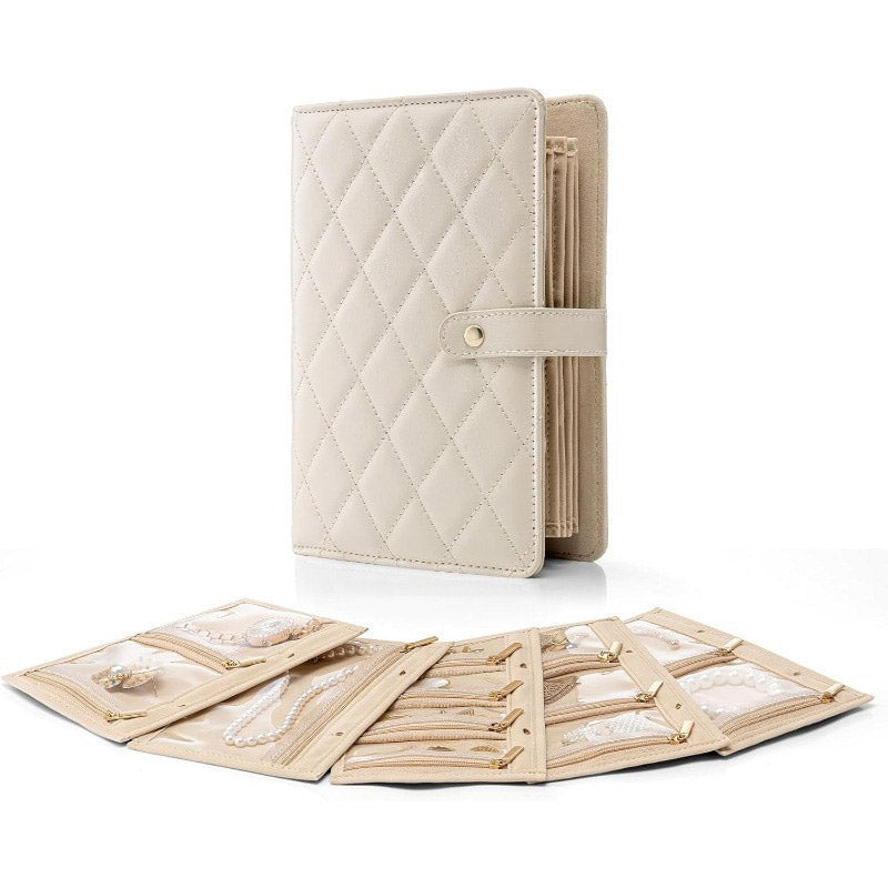 PU-læder rejsesmykkeskrin med elegant finish. Kompakt design for sikker smykkeopbevaring til kvinder.