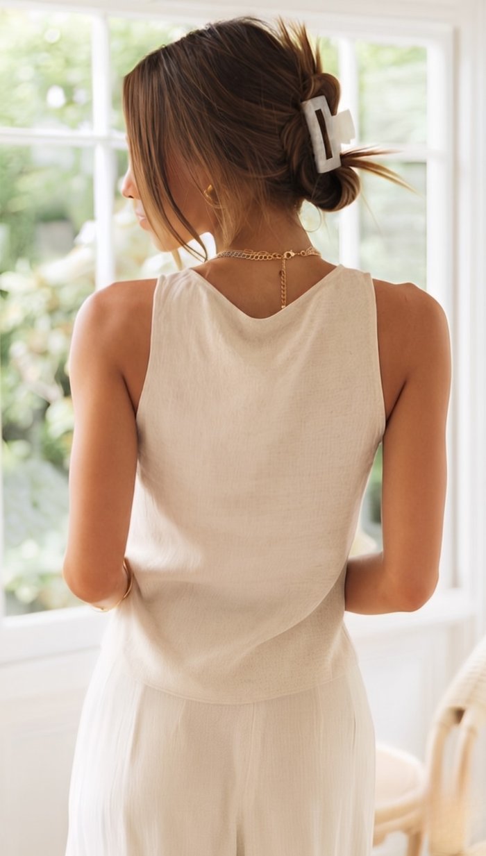 Komfortabelt kvindesæt i beige med v-hals crop top og afslappede vide bukser. Ideelt til hverdag.