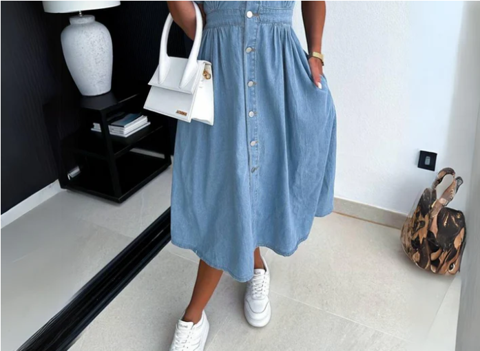 Stilfuld lang damekjole; alsidig og komfortabel hverdagskjole til kvinder med et elegant look.