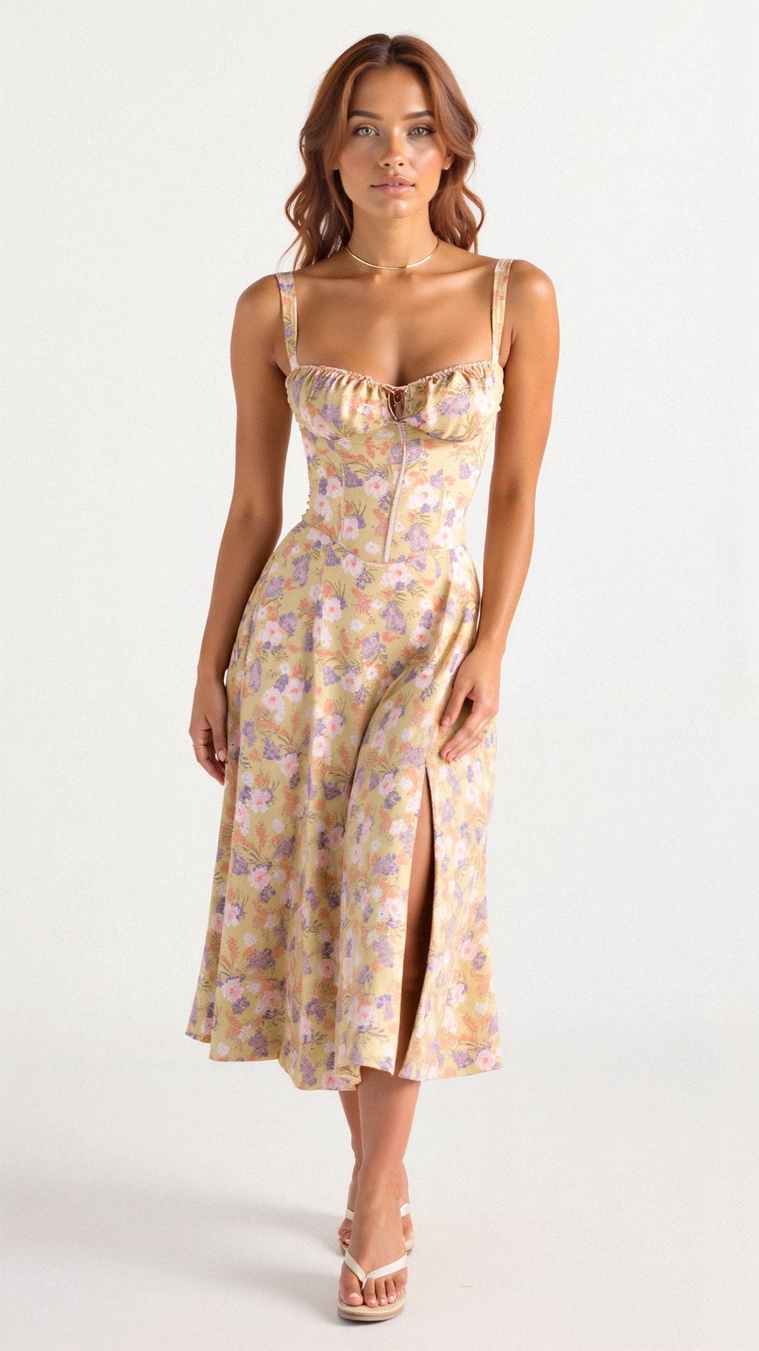 Elegant blomstret midikjole til damer, perfekt til sommerfester.