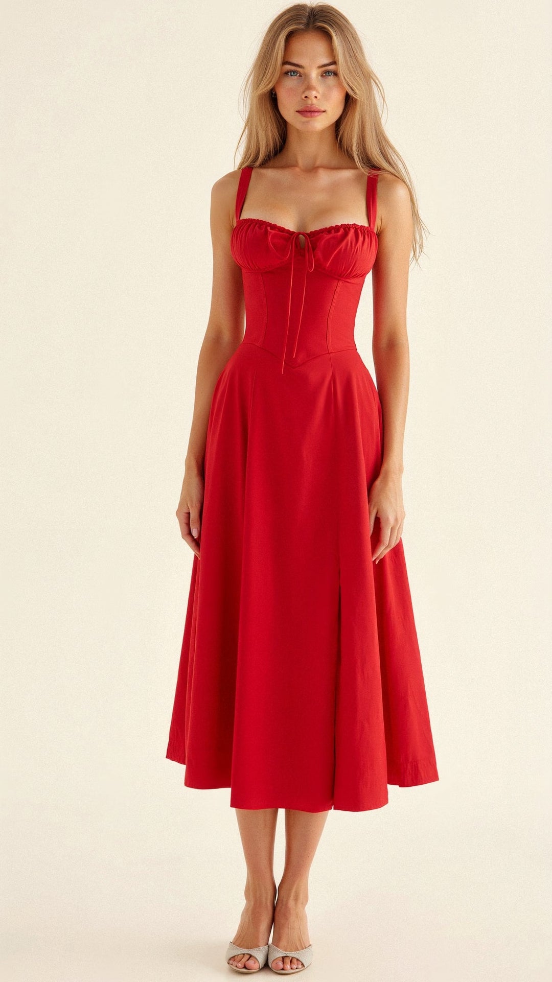 Dames elegante sommerkjole: blomstret midikjole med feminin slids.