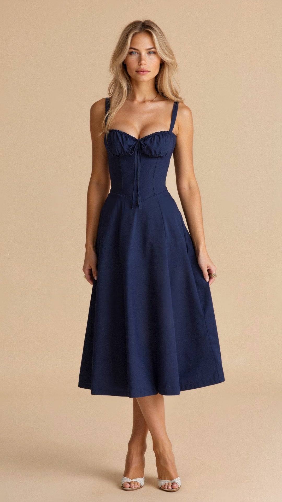 Elegant damemode: blomstret midikjole med slids og rynket buste.