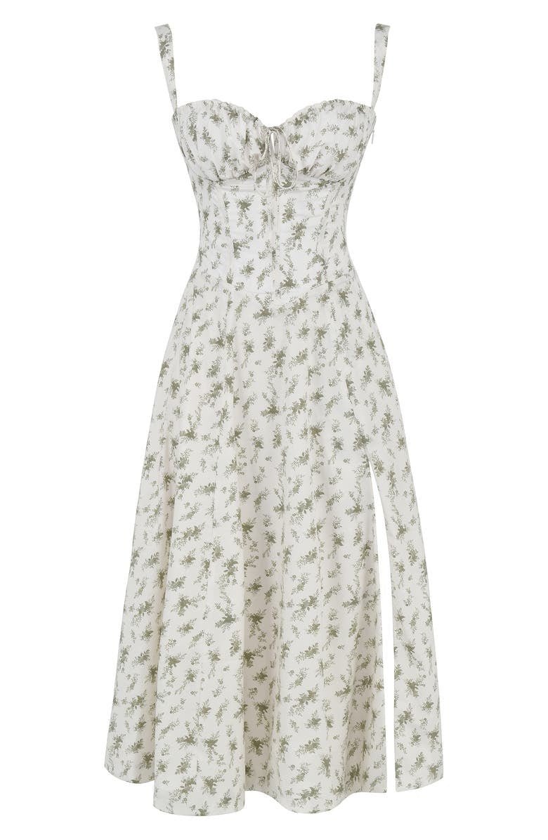 Dames festkjole: blomstret midikjole med rynket buste og slids.