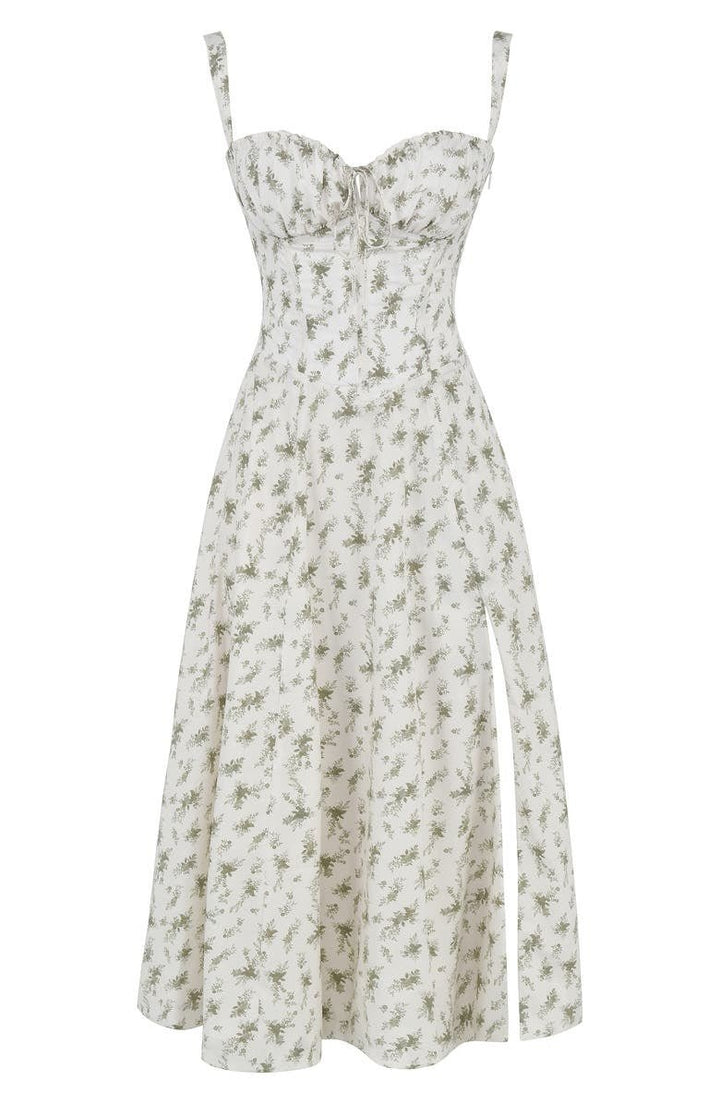 Dames festkjole: blomstret midikjole med rynket buste og slids.