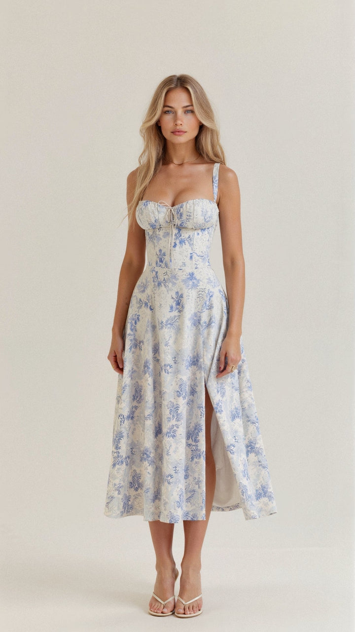 Blomstret forårskjole til damer, elegant midikjole med rynket buste.