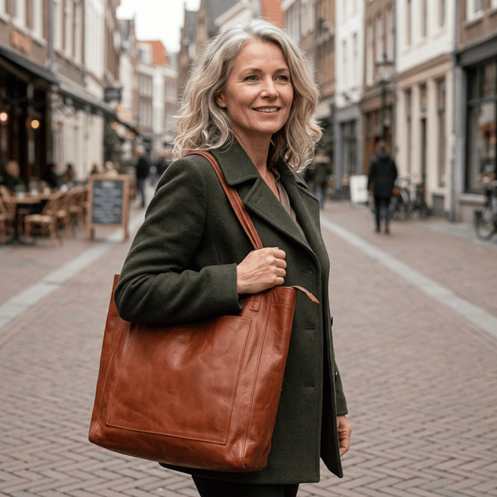 Elegant brun læder skuldertaske til kvinder, rummelig hverdagstaske med stilfuldt vintage design.