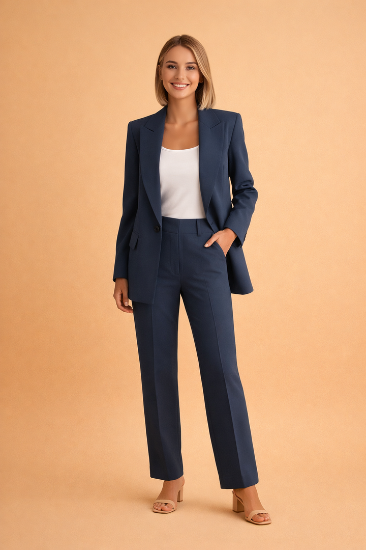 Alsidigt dame business outfit med blazer og matchende bukser; perfekt til kontor og aftenarrangementer.