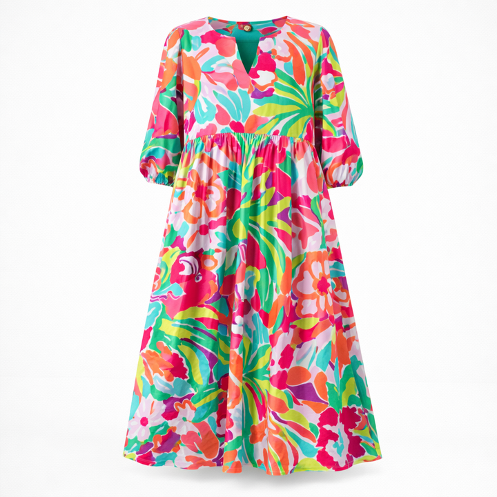 Luksuriøs blomstret midi kjole til kvinder. Trendy design med elegante pufærmer og feminint snit.