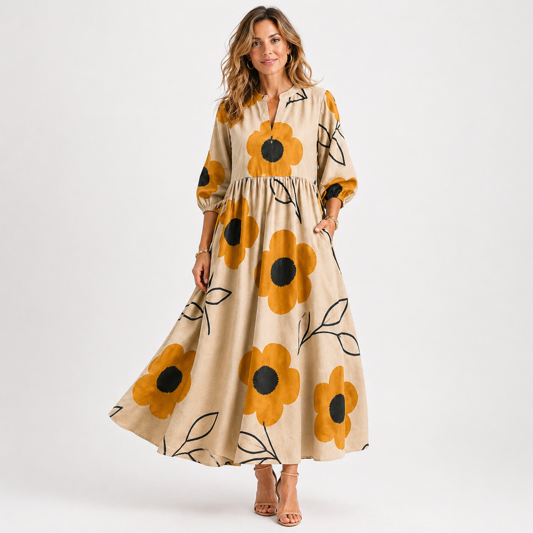 Feminint design: Blomstret midi kjole med pufærmer. Ideel elegant festkjole til sommer og særlige anledninger.