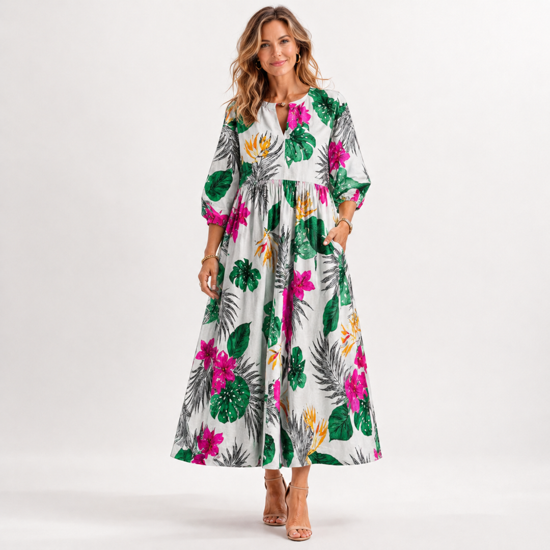 Elegant sommerkjole: Blomstret midi kjole til damer med charmerende pufærmer og et luksuriøst udtryk.