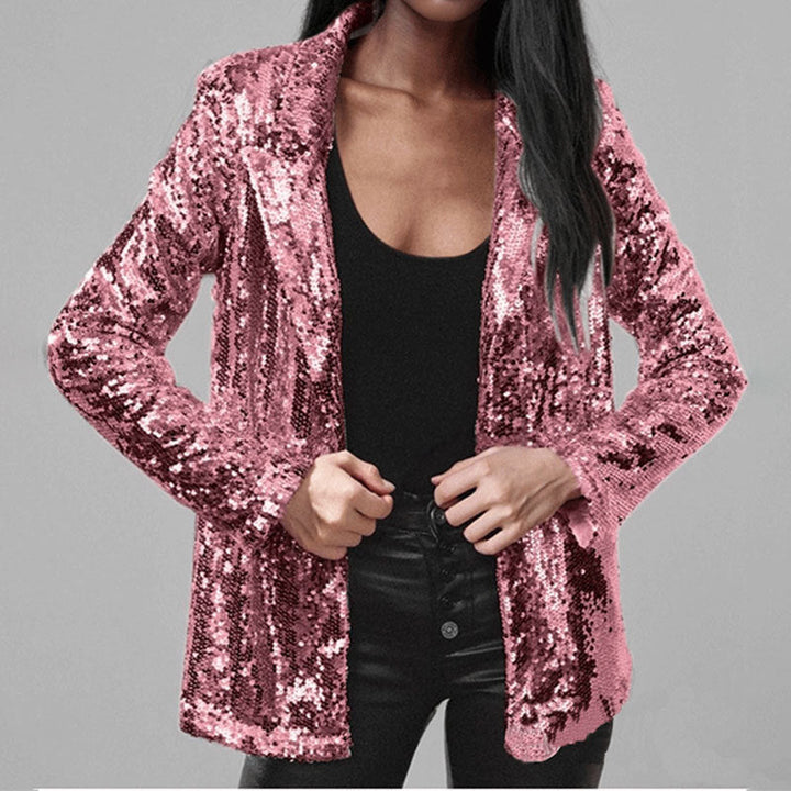 Pailletblazer til kvinder med skinnende pailletter og elegant åben front. Ideel som festtøj eller aftenjakke.