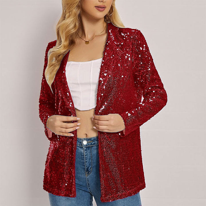 Festlig dameblazer med glimmer og pailletter. Stilfuld åben front blazer, perfekt til nytårsoutfit og fest.