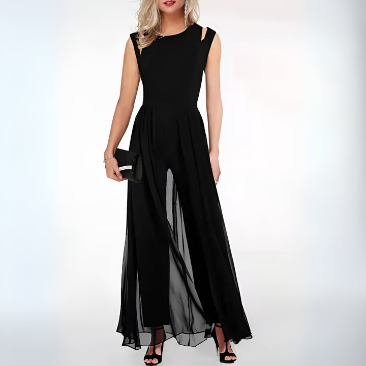 Elegant dame jumpsuit med V-udskæring, perfekt til fest og hverdag. Komfortabel sort buksedragt til kvinder.