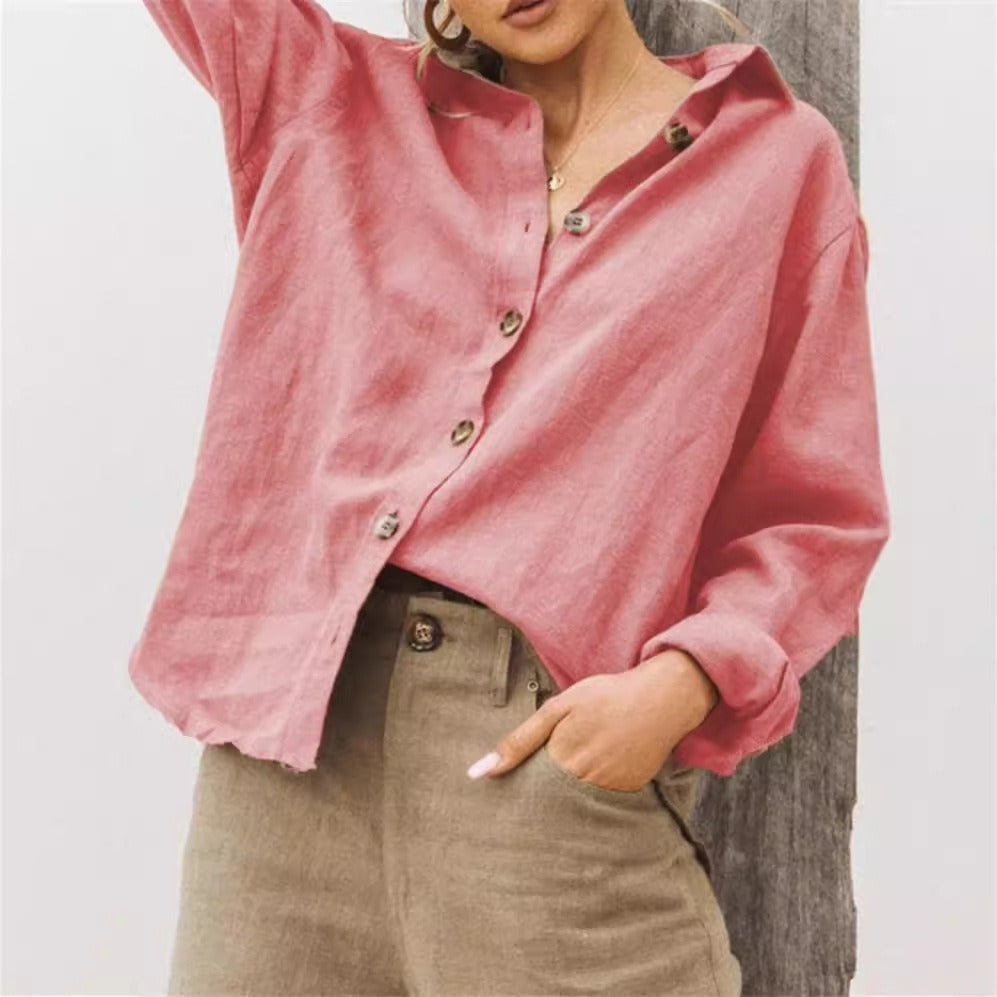 Elegant dame langærmet skjorte med afslappet pasform til hverdag og alsidig kvindemode. Komfortabel bluse med knapper.