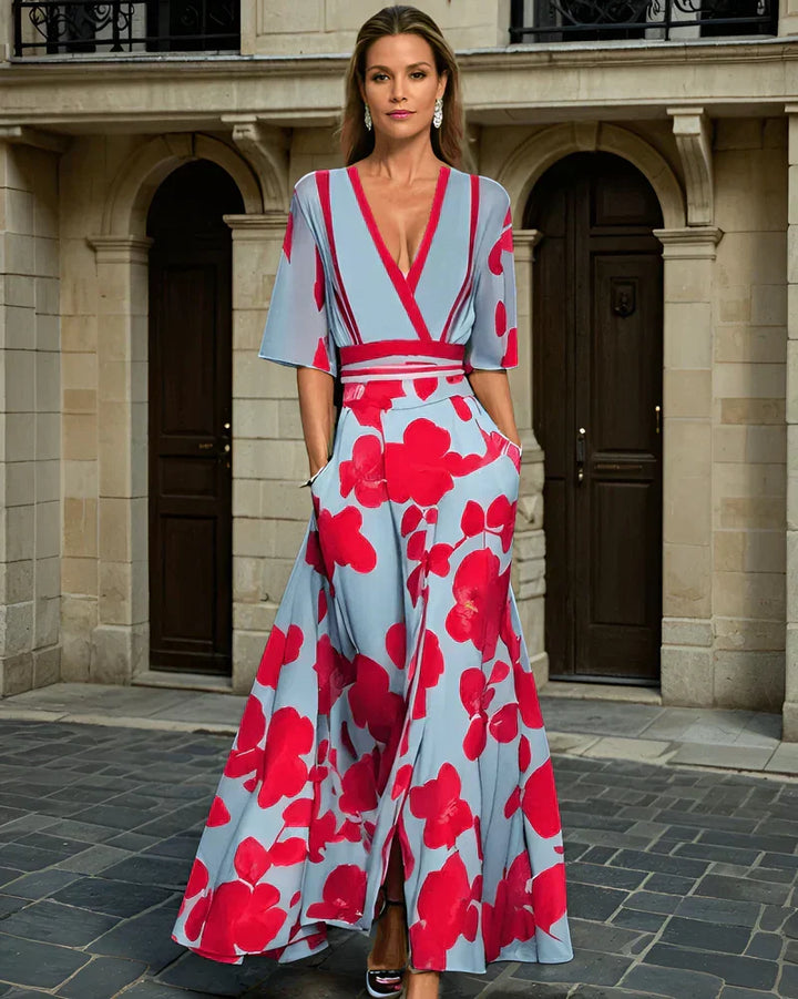 Elegant dame slå-om blomsterkjole med bindebånd, perfekt til sommer og fest.