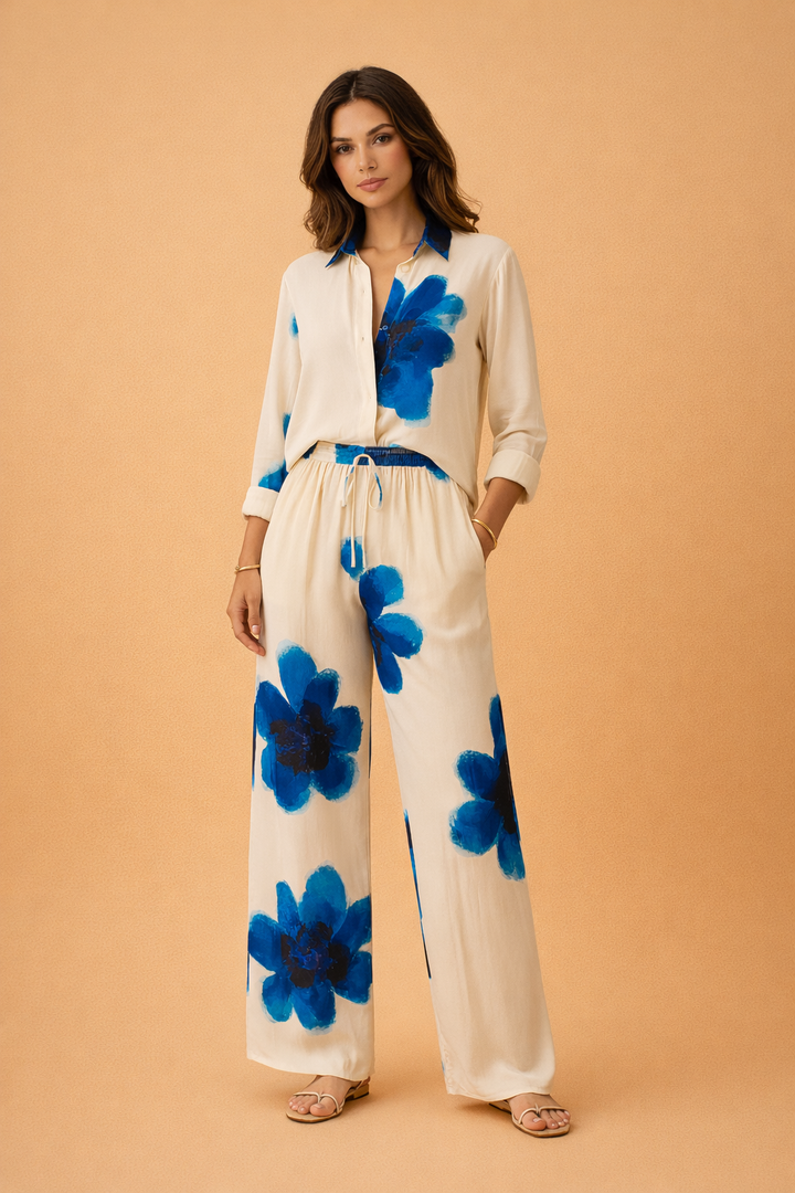 Blå/grønt todelt sæt til kvinder: Elegant sommertøj med lang skjorte og lige bukser. Perfekt ferieoutfit.