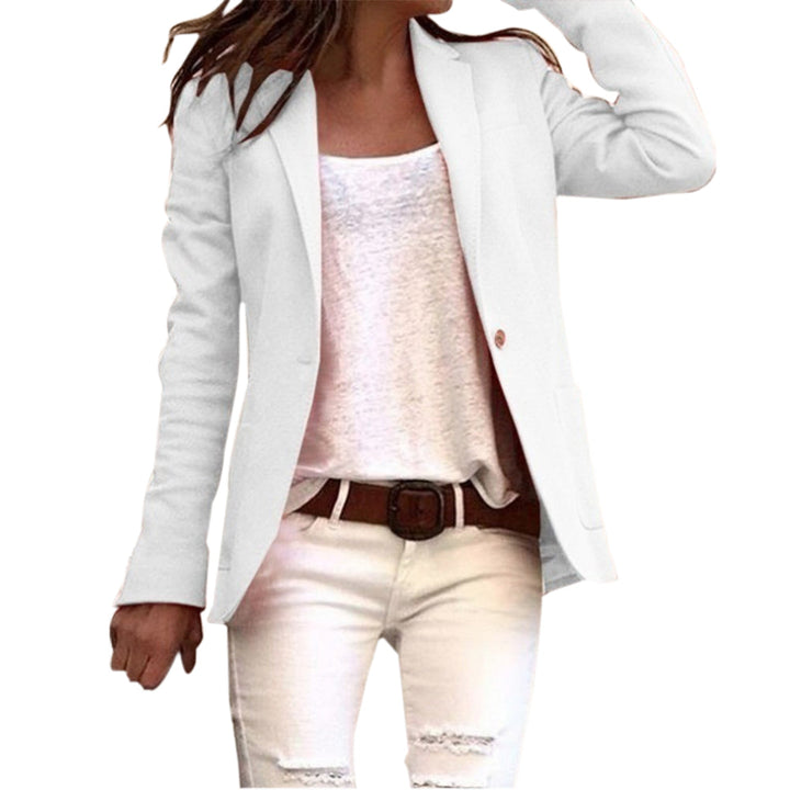 Elegant dameblazer med enkelt knap. Klassisk sort kvinde blazer til kontor og hverdag, feminin pasform.