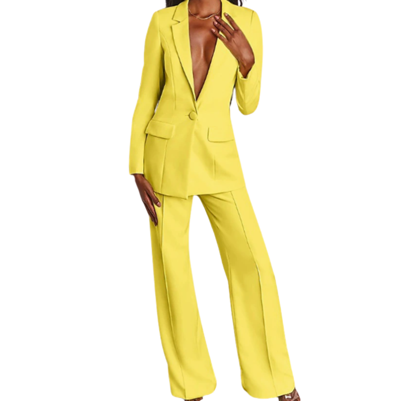 Alsidigt damejakkesæt med blazer og matchende bukser, perfekt til elegant og professionel dame mode.