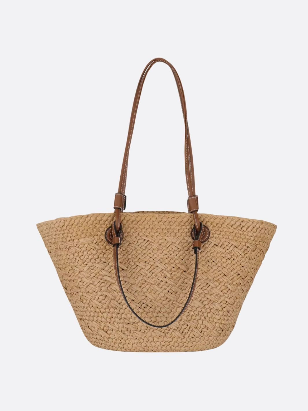 Elegant flettet stråtaske til damer med læderdetaljer, perfekt som stilfuld sommertaske og hverdagstaske.
