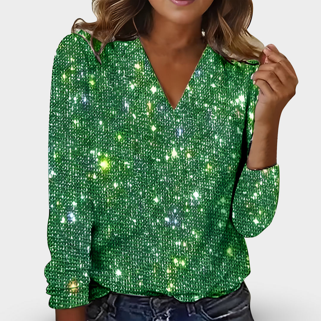 Festlig og elegant glitter bluse til kvinder med flatterende V-udskæring og lange ærmer, ideel til selskab.