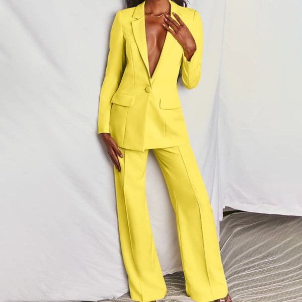 Elegant kvinde blazer og buksesæt; perfekt til business, kontor og fest i foråret.