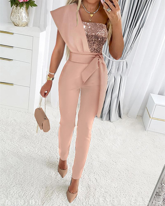 Elegant one shoulder jumpsuit til kvinder med funklende pailletter, perfekt til glamourøse aftener.