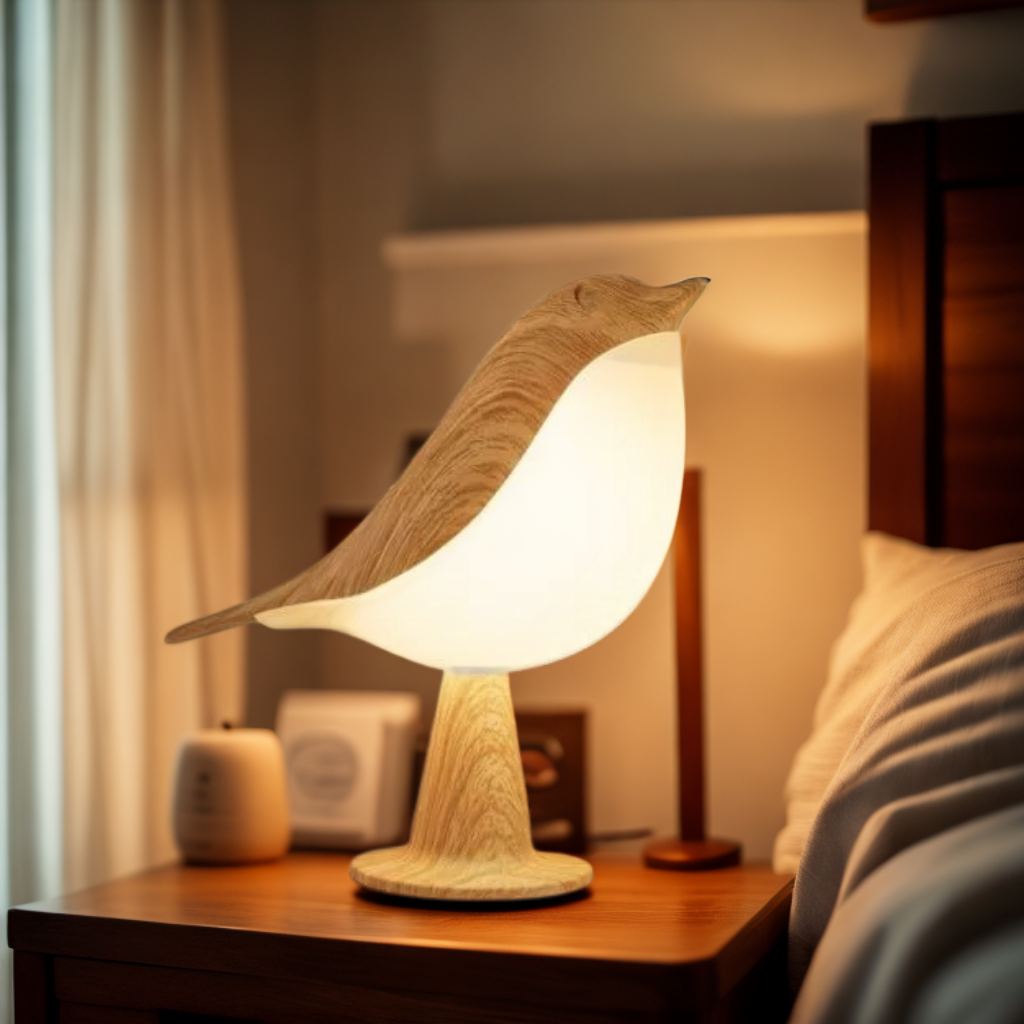 Dæmpbar LED-trælampe, perfekt til at skabe hyggelig stemning i soveværelset eller stuen.