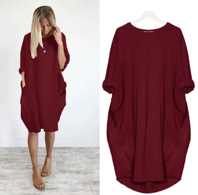 Komfortabel plus size kjole til kvinder med løs pasform, lommer og moderne stil. Ideel til fritid.