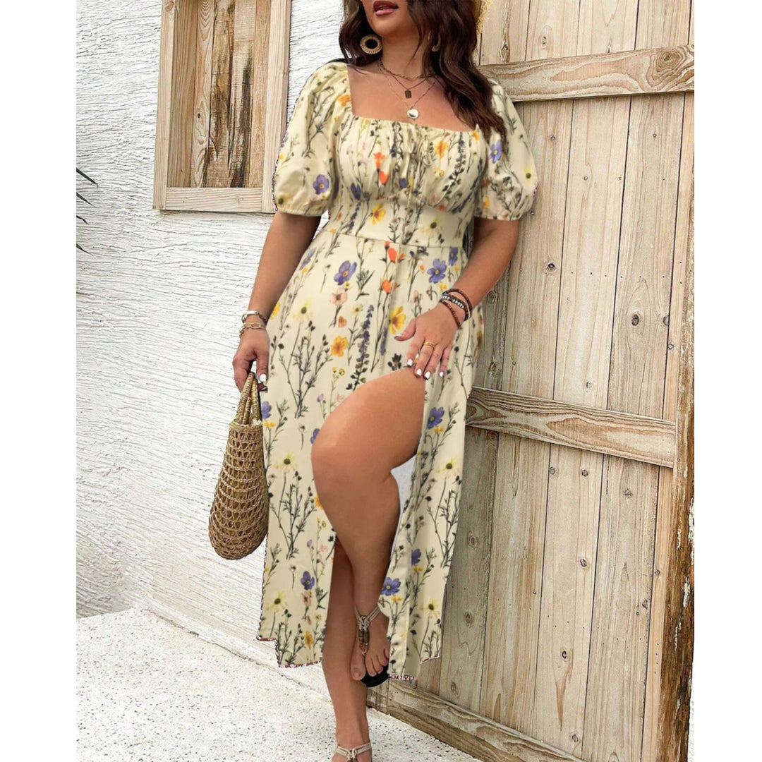Elegant plus size maxi festkjole med pufærmer på bøjle, klar til fest. Perfekt selskabskjole til kvinder.