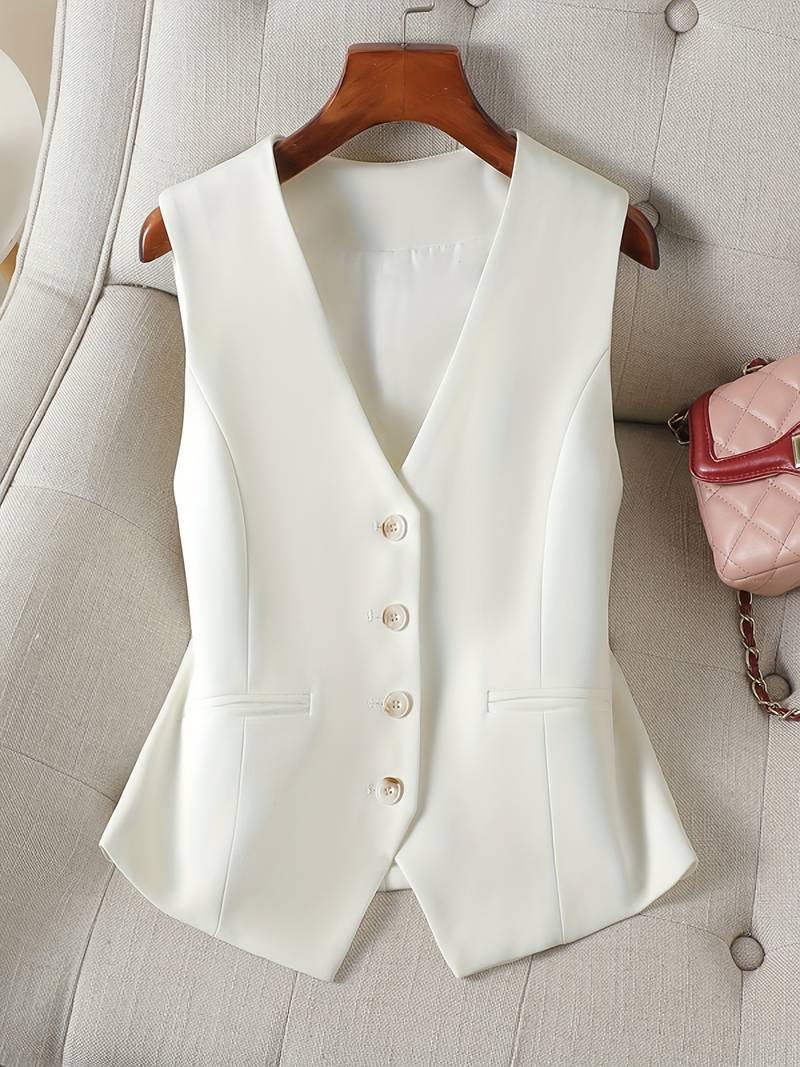 Detaljer af elegant skræddersyet vest til kvinder. Fokus på pasform og kvalitetsmaterialer.