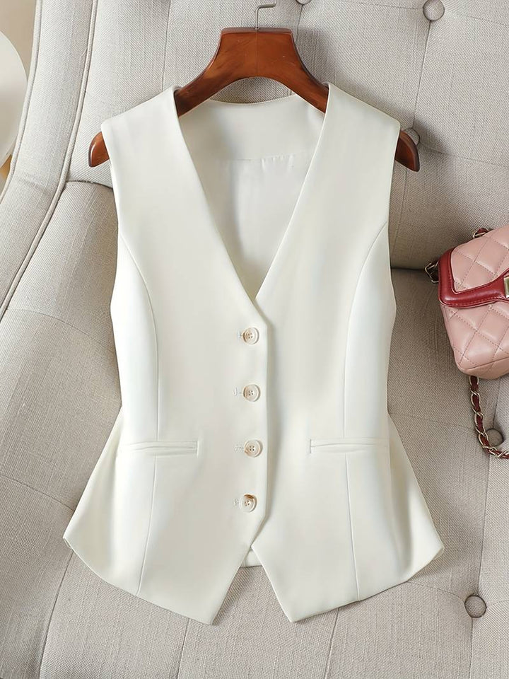 Detaljer af elegant skræddersyet vest til kvinder. Fokus på pasform og kvalitetsmaterialer.