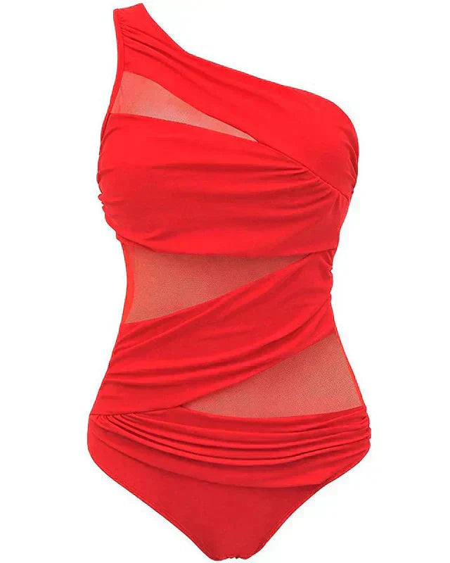 Dame push-up badedragt i sort med asymmetrisk mesh og shaping effekt. Komfortabel bademode, ideel til strandtøj om sommeren.